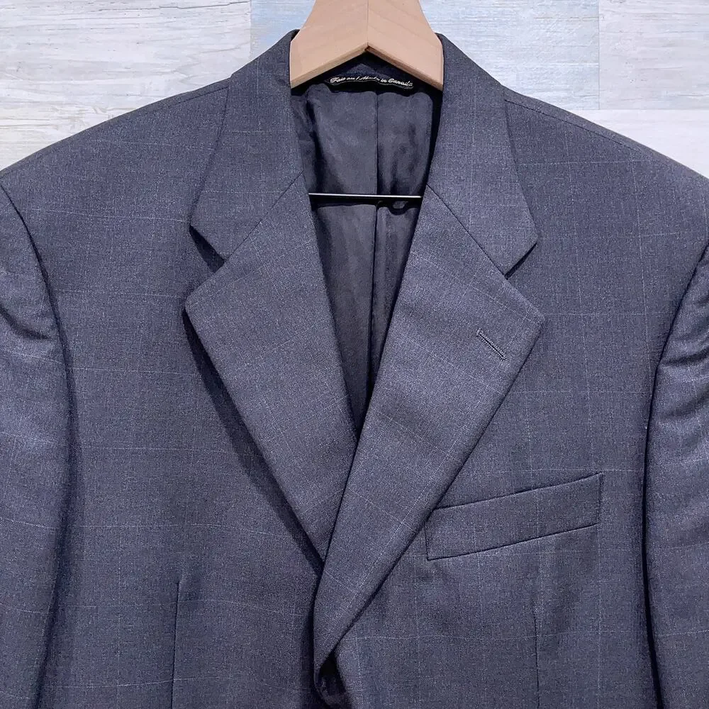 Jack Victor Wool Windowpane Suit Charcoal Gray Mens 42R 36x29 Pleated Pants